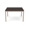 48" Coastal square aluminum commercial patio dining table with Textured Antique Beige frame, Northeastern Walnut MGP slat top, and center umbrella hole