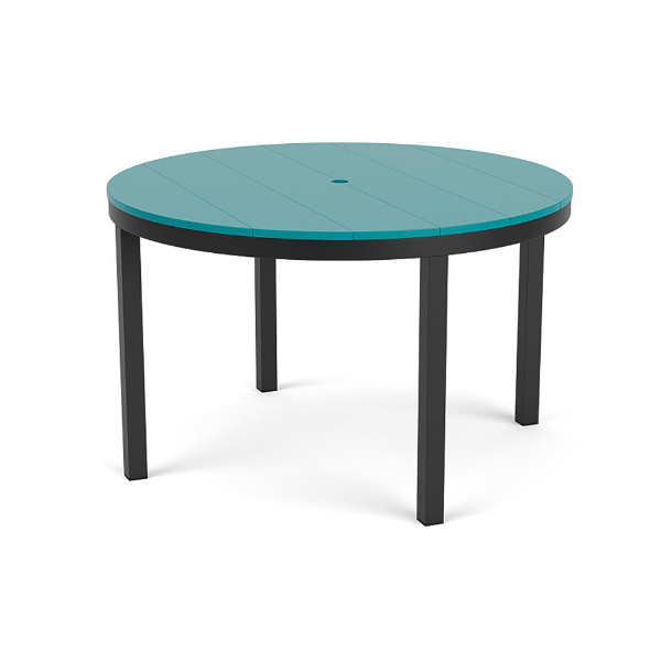 48" Coastal round aluminum commercial patio dining table with Starlight Black frame, Aruba MGP slat top, and center umbrella hole
