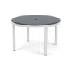 48" Coastal round aluminum commercial patio dining table with Sky White frame, navy MGP slat top, and center umbrella hole
