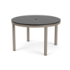 48" Coastal round aluminum commercial patio dining table with satin-finish frame, black MGP slat top, and center umbrella hole