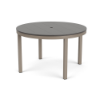 48" Coastal round aluminum commercial patio dining table with Satin Amber frame, gray MGP slat top, and center umbrella hole