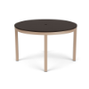 48" Coastal round aluminum commercial patio dining table with Textured Antique Beige frame, Northeastern Walnut MGP slat top, and umbrella hole