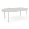 42" x 76" Coastal oval aluminum commercial patio dining table in Sky White with solid tabletop and center umbrella hole