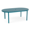 42" x 76" Coastal oval aluminum commercial patio dining table in Metallica Lagoon with bubble-pattern top and center umbrella hole
