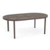 42" x 76" Coastal oval aluminum commercial patio dining table in Textured Espresso with decorative slat top and center umbrella hole