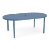 42" x 76" Coastal oval aluminum commercial patio dining table in Steel Blue with cube-pattern perforated top and center umbrella hole