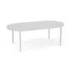 42" x 84" Coastal oval aluminum commercial patio dining table in Sky White with solid tabletop and center umbrella hole