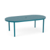 42" x 84" Coastal oval aluminum commercial patio dining table in Metallica Lagoon with bubble-pattern perforated top and center umbrella hole
