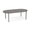42" x 84" Coastal oval aluminum commercial patio dining table in Titanium Gray with cube-pattern perforated top and center umbrella hole