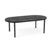 42" x 84" Coastal oval aluminum commercial patio dining table in Textured Espresso with decorative slat top and center umbrella hole