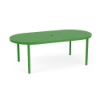 42" x 84" Coastal oval aluminum commercial patio dining table in Lime Green with bubble-pattern perforated top and center umbrella hole