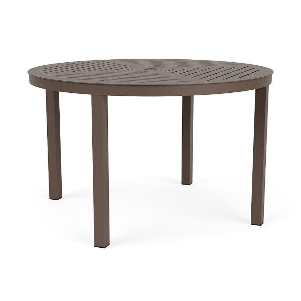 48" Coastal round aluminum patio dining table in Textured Espresso with decorative slat tabletop and center umbrella hole