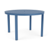 48" Coastal round aluminum patio dining table in Steel Blue with cube-pattern perforated tabletop and center umbrella hole