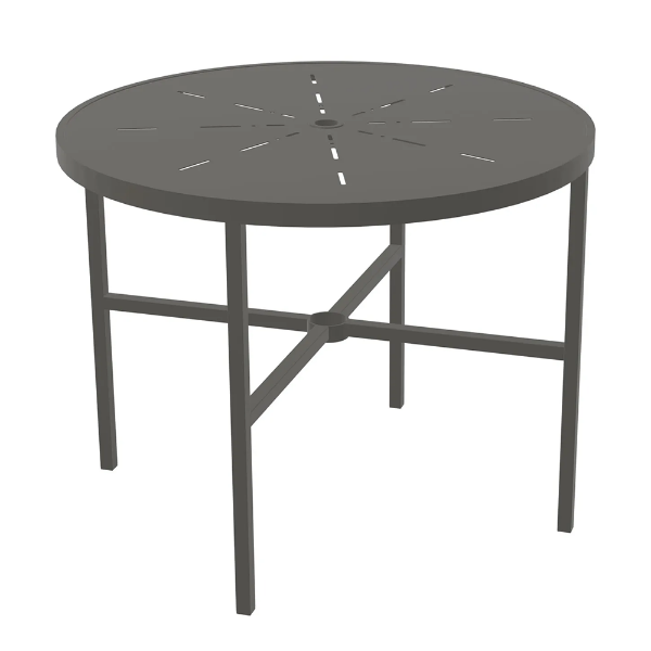 36" Urban round aluminum patio dining table in Slate Grey with radiant-pattern tabletop, umbrella hole, and cross-braced frame