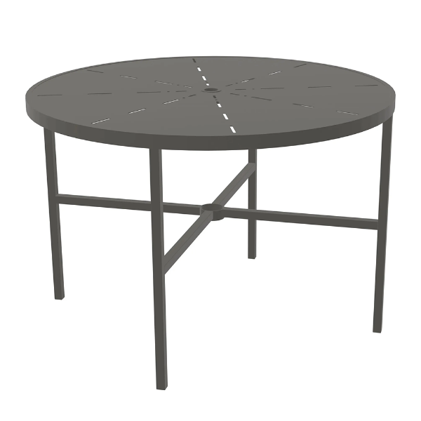 42" Urban round aluminum commercial patio dining table in Slate Grey with radiant-pattern tabletop, umbrella hole, and cross-braced frame