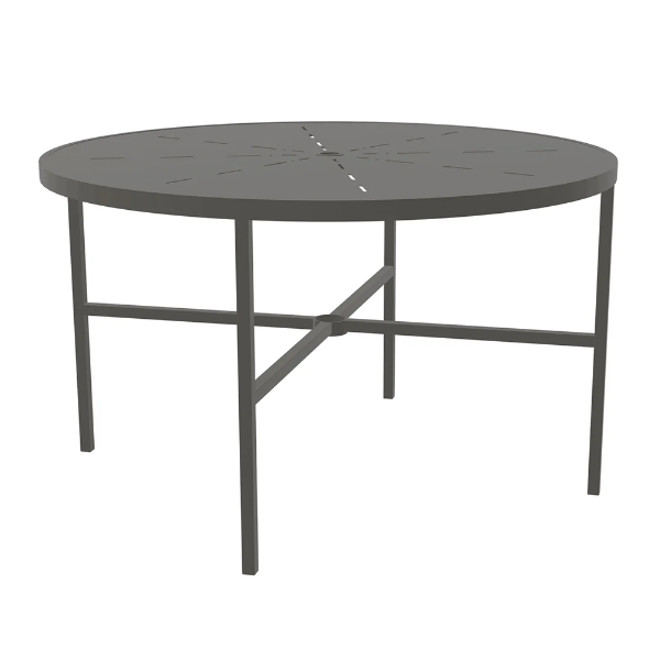 48" Urban round aluminum commercial patio dining table in Slate Grey with radiant-pattern tabletop, umbrella hole, and cross-braced frame