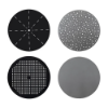 Four aluminum tabletop style options for the 20" Sundance Straight round commercial patio side table, including Radiant, Bubble, Cube, and Solid designs