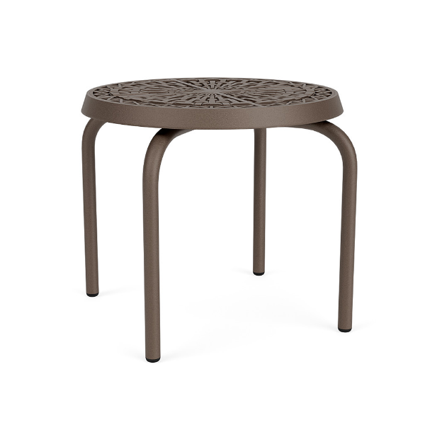 20" Sundance Standard round commercial aluminum patio side table with Textured Espresso finish, curved legs, and decorative Woven tabletop