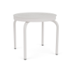 20" Sundance Standard round commercial aluminum patio side table with Sky White finish, curved legs, and geometric Slat tabletop