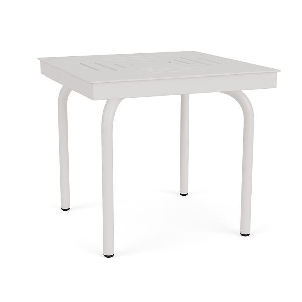 20" Sundance Standard square commercial aluminum patio side table with Sky White finish, curved legs, and geometric Slat tabletop