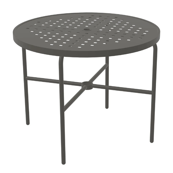 36" Sundance Straight round commercial aluminum patio dining table in Slate Grey with Cube pattern tabletop and umbrella hole