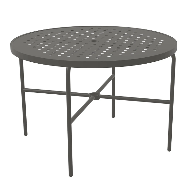 42" Sundance Straight round commercial aluminum patio dining table in Slate Grey with Cube pattern tabletop and umbrella hole