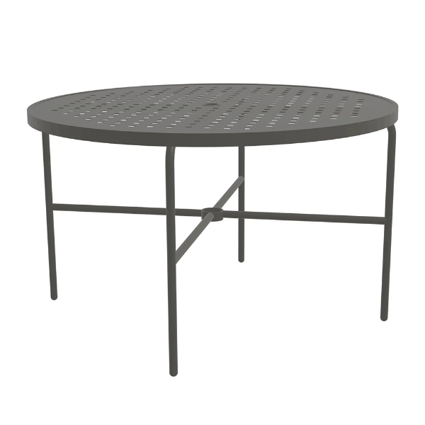 48" Sundance Straight round commercial aluminum patio dining table in Slate Grey with Cube pattern tabletop and center umbrella hole