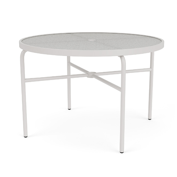 42" Sundance Straight round commercial acrylic patio dining table with Sky White aluminum frame, acrylic top, and center umbrella hole