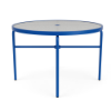 42" Sundance Straight round commercial acrylic patio dining table with Marina blue aluminum frame, acrylic top, and center umbrella hole
