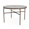 42" Sundance Straight round commercial acrylic patio dining table with Textured Espresso aluminum frame, acrylic top, and center umbrella hole
