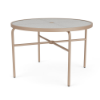 42" Sundance Straight round commercial acrylic patio dining table with Textured Antique Beige aluminum frame, acrylic top, and center umbrella hole