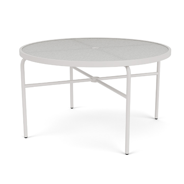 48" Sundance Straight round commercial acrylic patio dining table with Sky White aluminum frame, acrylic top, and center umbrella hole