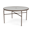 48" Sundance Straight round commercial acrylic patio dining table with Textured Espresso aluminum frame, acrylic top, and center umbrella hole