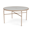 48" Sundance Straight round commercial acrylic patio dining table with Textured Antique Beige aluminum frame, acrylic top, and center umbrella hole