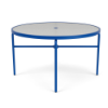 48" Sundance Straight round commercial acrylic patio dining table with Marina blue aluminum frame, acrylic top, and center umbrella hole