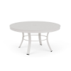 36" Universal aluminum round commercial patio coffee table with Sky White solid tabletop, curved legs, and center umbrella hole