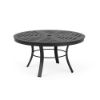 36" Universal aluminum round commercial patio coffee table with Starlight Black slat tabletop, curved legs, and circular support brace