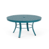 36" Universal aluminum round commercial patio coffee table in Steel Blue with perforated bubble tabletop and curved legs