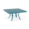 36" Universal aluminum square commercial patio coffee table in Steel Blue with perforated bubble tabletop and curved four-leg base