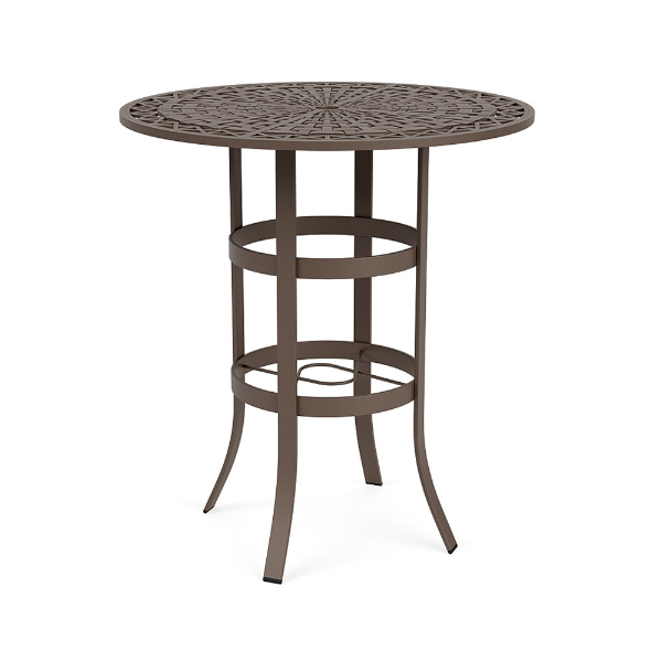 36" Universal aluminum round commercial patio bar table in Textured Espresso with decorative woven-pattern tabletop and four-leg base