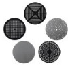 Round aluminum patio table top options showing cube, slat, bubble, solid, and woven patterns