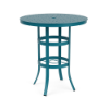 36" Universal aluminum round commercial patio bar table in Marina Blue with bubble-pattern perforated tabletop and four-leg base
