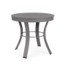 20" Universal aluminum round commercial patio side table in Titanium Gray with cube-pattern perforated tabletop and curved four-leg base