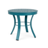 20" Universal aluminum round commercial patio side table in Metallica Lagoon with bubble-pattern perforated tabletop and curved four-leg base