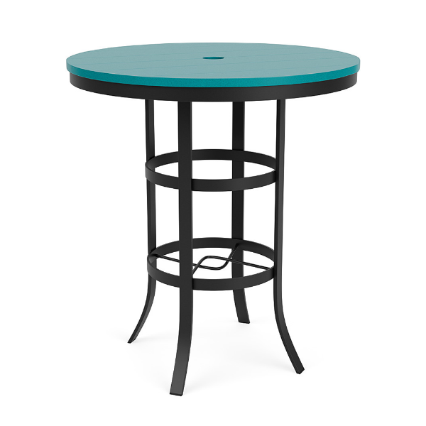 36" Universal round commercial patio bar table with Aruba MGP top, Starlight Black aluminum frame, and center umbrella hole