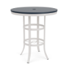 36" Universal round commercial patio bar table with Navy MGP top, Sky White aluminum frame, and center umbrella hole