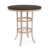 36" Universal round commercial patio bar table with Northeastern Walnut MGP top, Textured Antique Beige aluminum frame, and umbrella hole