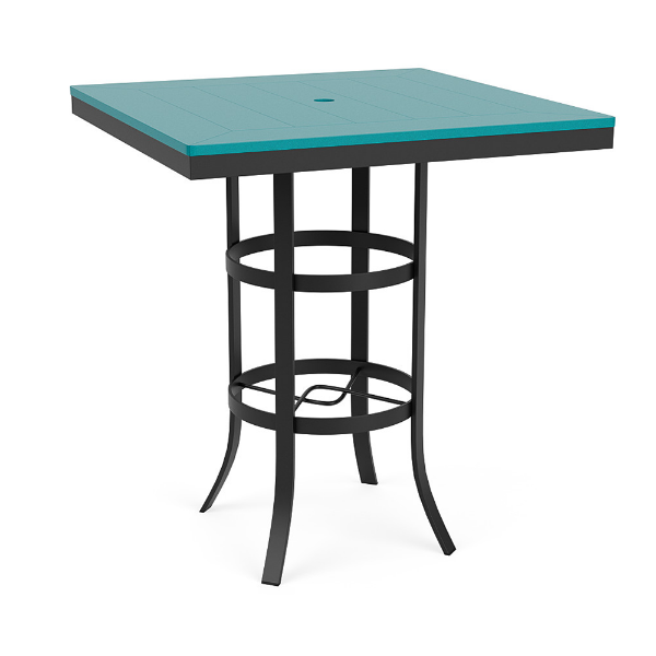 36" Universal square commercial patio bar table with Aruba MGP top, Starlight Black aluminum frame, and center umbrella hole