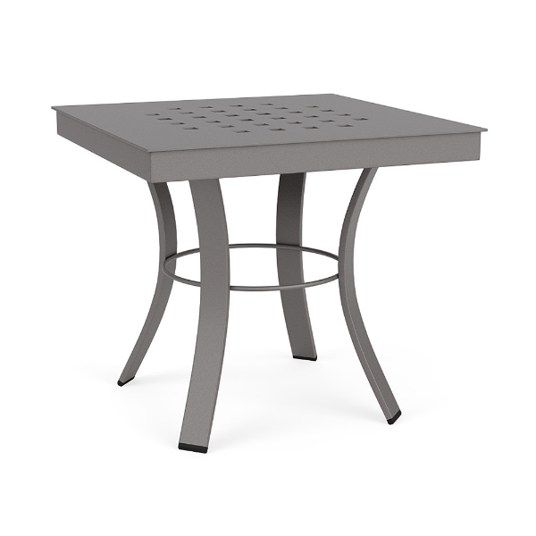 20" Universal aluminum square commercial patio side table in Titanium Gray with Cube patterned tabletop and curved four-leg base