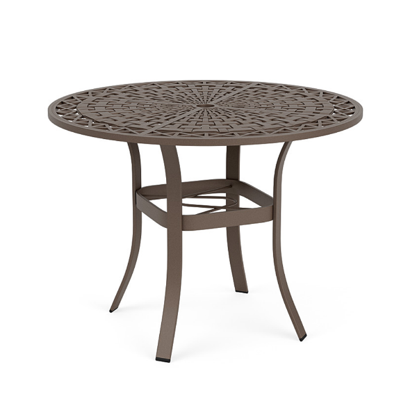 36" Universal aluminum round commercial patio dining table in Textured Espresso with decorative Woven tabletop and curved four-leg base